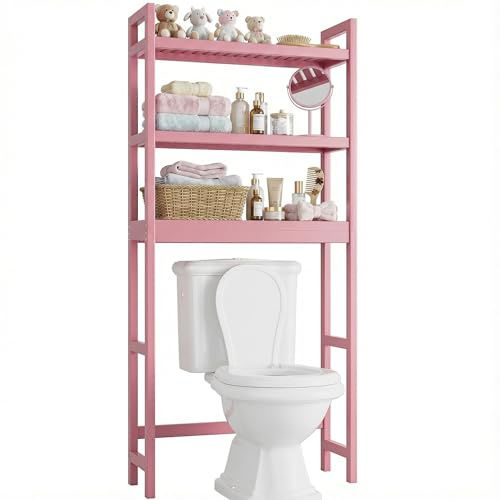 SMIBUY Bathroom Storage Shelf, Bamboo Over-The-Toilet Organizer Rack, Freestanding Toilet Space Saver with 3-Tier Adjustable Shelves (Pink)