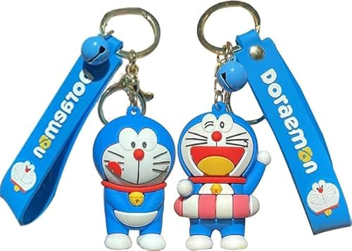 Gonii 2 pièces Doraemo Porte-clés en silicone mignon avec cloches Cadeau pour les fans d'anime Cadeaux pour les enfants Sac d'école accessoire voiture porte-clés en cadeau de chaîne (A)