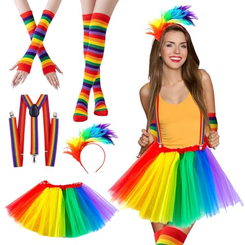 CIYIN Falda de Tul Arcoiris Mujer, Disfraces de Arcoíris Retro 80s Tutu con Diadema Plumas Tirantes Colores Calcetines Hasta la Rodilla y Guantes, para Cosplay Carnaval Halloween Fiesta Temática