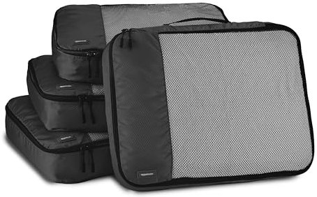 Amazon Basics Organizador Para Maletas, Organizadores de Viaje, con Cremallera, Juego de 4 Bolsas, Grande, Negro