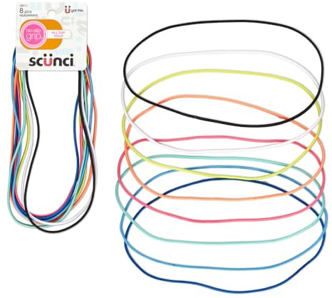 Scunci by Conair No-Slip Grip Flat elastic Headwraps - mens headband - hair accessories for women - Bright Assorted Colors - 8 Count