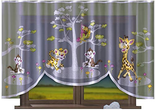 HomeDekorator® Vorhang Gardine mit Kräuselband Kinderzimmer Kindergardine Junge Mädchen Weiß 300 cm Extra Breit Dschungel Motiv Scheibengardine Kurzgardine Transparent Kurz Durchsichtig Universalband…