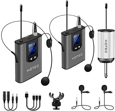 Hotec Wireless System with Dual Headset Microphones/Lavalier Lapel Mics and Bodypack Transmitters and One Mini Rechargeable Receiver 1/4 Output, for Live Performances