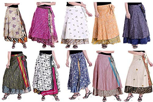 Indian Women's Long Wrap Skirt - 2 Layered Swimwear Beach Cover-Up - Art Silk Magic Wrap - Printed Womens Style