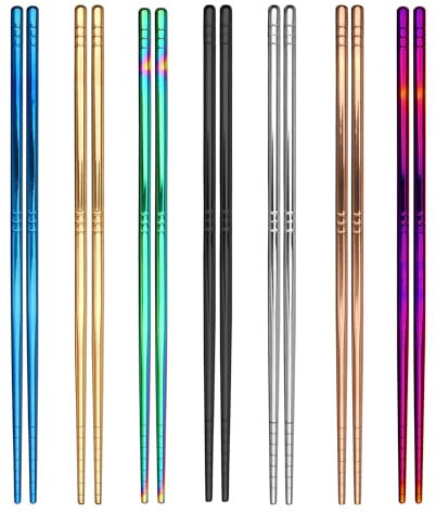 ESSBES 7 Paar Metall-Essstäbchen - 7 Farben, Wiederverwendbar, Edelstahl, 13 Ringe Muster, Rutschfest, Spülmaschinenfest, Quadratisch, Leicht, 22,6 cm