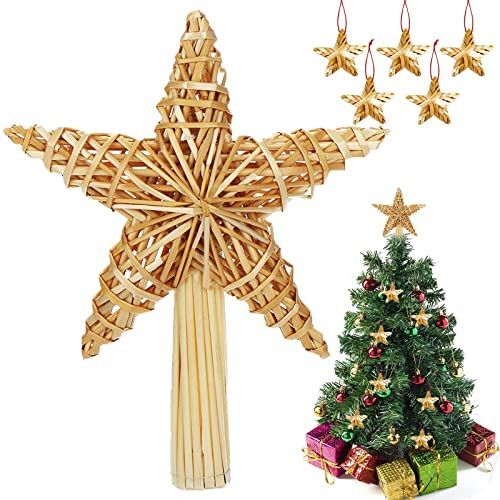 Albero di Natale stella punta 20 × 30,5 cm, stella punta per albero di Natale in paglia con 5 stelle di paglia Ø 5 cm, punta dell'albero di Natale, stella in paglia per decorare l'albero di Natale