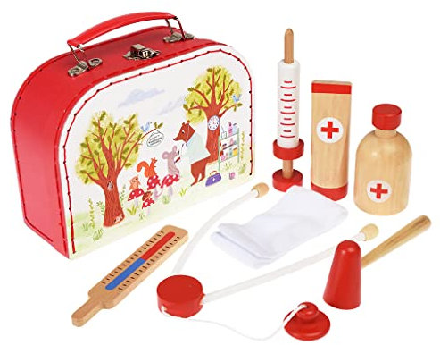 Rex London läkarväska för barn som 7-delad träleksak Woodland Friends: Stetoskop, termometer, spruta, tub, bandage etc.
