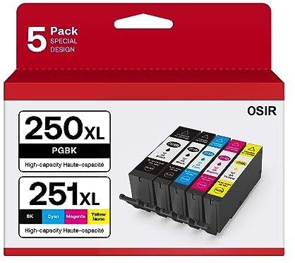 Kogain PGI-250XL CLI-251XL 5 Color Value Pack, Compatible for Canon 250 251 Ink Cartridges to use with PIXMA MX922, MG5420, MG5520, MG5522, MG6320, MG6620, iP7220 (PGBK, Black, Cyan, Magenta, Yellow)