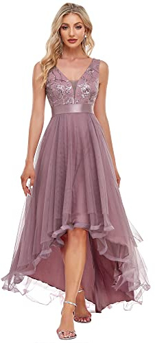 Ever-Pretty Asimétrico Vestido de Fiesta Largo Mujer Tul Lentejuelas Alto Bajo Escote V A-línea Imperio Orquídea 50