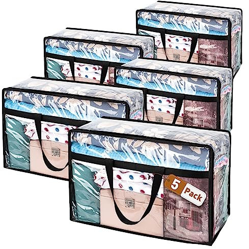 Confezione da 5 Sacche per la Conservazione Trasparenti, Grandi Scatole per la Conservazione Sotto il Letto con Coperchio, Sacchi di Plastica con Cerniere per Abbigliamento, Piumoni, Coperte