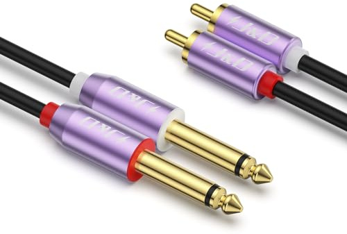 J&D Dual 1/4 TS till 2 RCA Kabel, Guldpläterad Kopparhölje Audiokabel, 2x 6,35 mm Hane till 2 RCA Hane Adapter, Stereo Interconnect för Mixer, Förstärkare, Högtalare, Piano, Turntable, TV, 2,7 m