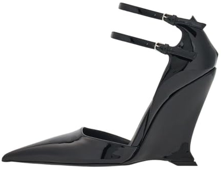 Goolita Pointed Closed Toe Wedge Heels for Women, Sexy Patent Leather Buckle Strap Office Dress Pumps Shoes Black