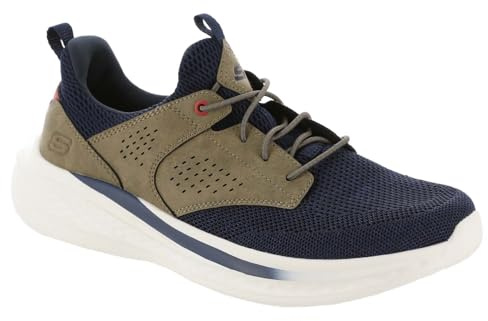 Skechers USA Men's Men's Slade-Breyer 210892 Knitted Mesh Bungee Lace W/Quarter Cage Slip On, Navy/Tan, 14