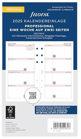 Filofax Personal Professional 1 Woche auf 2 Seiten (deutsch)2025