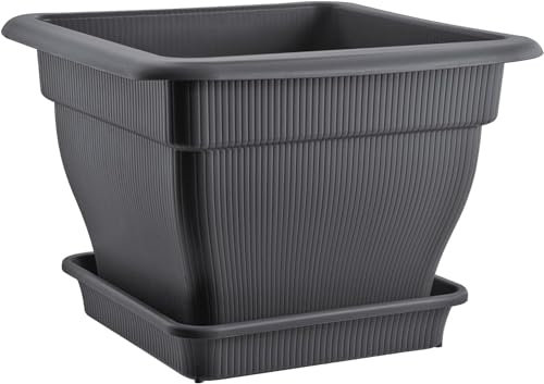 BURI XL Pflanzkübel Blumentopf 48x48x35cm mit Wasserspeicher und Untersetzer - 33 Liter Pflanztopf gegen Staunässe anthrazit, terakotta UV-stabil, frostsicher, robust