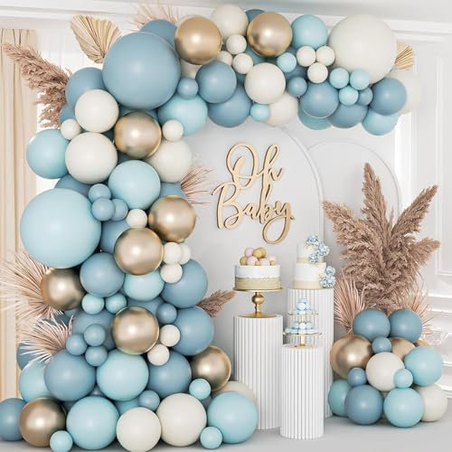Kit Arco Palloncini Blu,105pcs Arco Per Palloncini Azzurri Con Balloon Oro Bianchi Sabbia,Ghirlanda Palloncini Celesti Per Compleanno, Baby Shower, Decorazioni Nascita Bambino,Matrimonio