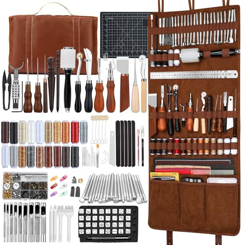 SUVSOON Leather Tool Kit with Handbag, Leather Crafting Tools with Waxed Thread Snap Button Rivet Cuting Mat Leather Tools for Polishing Sewing Carving and Cutting