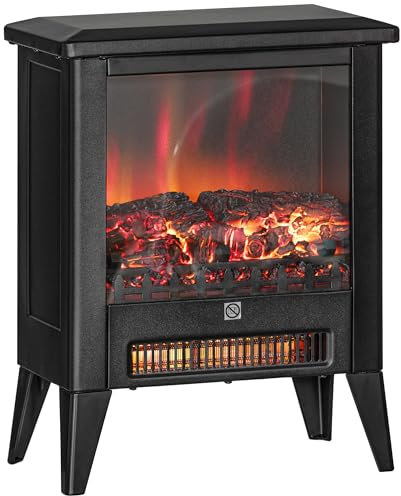 HOMCOM Camino Elettrico da Terra con Effetto Fiamma 3D a 3 Intensità, 1800W Caminetto Elettrico con Spegnimento Automatico, Termostato, Risacaldamento Regolabile per Soggiorno, 30㎡, Nero
