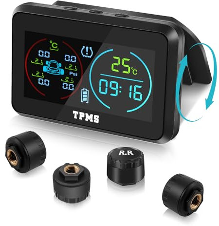 KAOLALI TPMS Tyre Pressure Monitoring System with 4 External Sensors Solar Wireless Tyre Pressure Monitor with 6 Alarm Modes with Time and Temperature Display 0-5 Bar for Car SUV Trailer