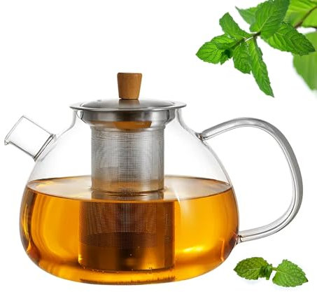 Teekanne aus Glas mit Edelstahl-Sieb Unterteller Dobin – 1,5 Liter – Borosilikatglas & Bambus Unterteller – Tropffrei, Hitzebeständig, Spülmaschinenfest (Teekanne)