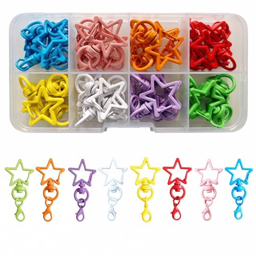 Fubuuf Llavero Mosqueton Juego de 32 Llaveros Estrella Coloridos en Aleación de Zinc con Caja Organizadora Transparente,Mini Ganchos Giratorios para Bricolaje, Manualidades y Accesorios Creativos