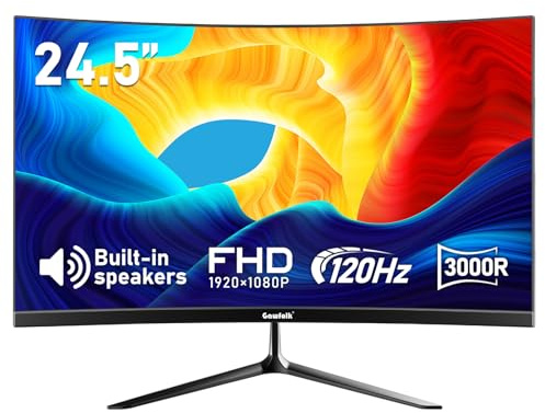 Gawfolk 24.5 Inch Gaming Curved Monitor Built-in Speakers, 3000R 120Hz PC Screen Full HD 1080P, HDMI 2.0, VGA, Wall Mount Compatible 75 * 75mm