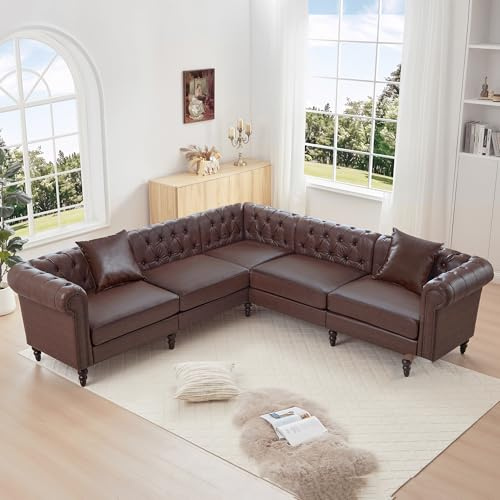 LEVNARY 98” x 98” L-Shaped Chesterfield Sectional Couch, 5-Seat PU Leather Couch with Rolled Arms, Mid-Century Modern Tufted Corner Sofa for Living Room Bedroom Office (Dark Brown)