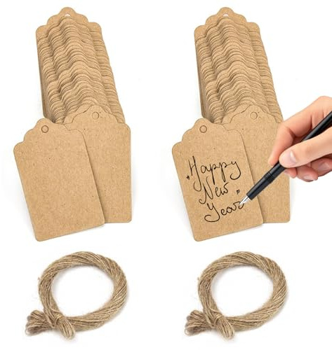 Jasjfasd 200 Pcs Etichette Regalo, Etichette Natalizie, 7×4cm Cartellini Prezzi, Etichette in Carta Kraft con Spago In Juta da 20m Tag Bomboniere per Matrimoni,Compleanni, Compleanno