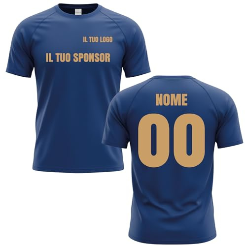 Generico Maglia Tecnica Blu Navy in Poliestere Microforato, Personalizzabile con Logo e Numero, Traspirante per Calcio Padel Tennis Corsa Pallavolo Basket (IT, Testo, L)