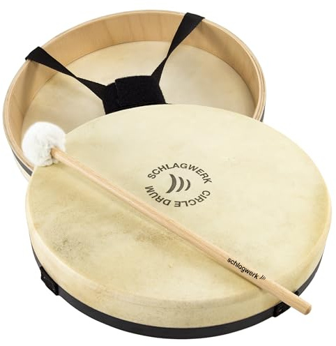 Schlagwerk RTC34 Rahmentrommel Circle Drum -Handtrommel mit Gurt-Haltekreuz - ⌀ ca. 35 cm / 13,5 Zoll / 6 cm hoch - Frame Drum mit Ziegenfell - Buchenholz - Schamanentrommel mit Schlägel