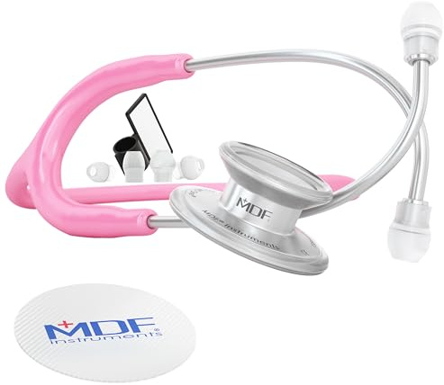 MDF Instruments, MD One Stainless Steel Premium Dual Head Stethoscope, Adult, Pink Tube, Silver Chestpieces-Headset, MDF77701
