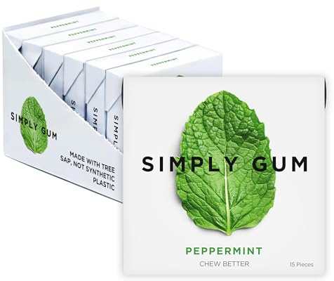 SIMPLY Gum Peppermint, Plastic-Free Natural Chewing Gum, 6 Pack (90 Pieces) | Vegan, Kosher, Non GMO, Aspartame Free and Sorbitol Free