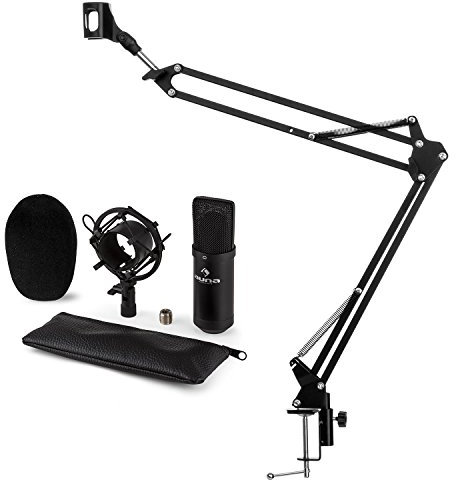 auna CM001B Mikrofon-Set V3 Kondensatormikrofon + Mikrofonarm (XLR-Mikrofon, Niere, Mikrofonspinne, Windschutz, Faltbarer Mikrofonarm mit Tischplatten-Klemmschraube) schwarz