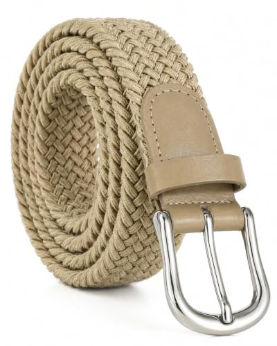 Streeze Cinturón 30mm Elástico. 6 Tamaños de Pequeño a 3XL. Trenzado, con Correa Trenzada y Hebilla Plateada (Beige, XL)