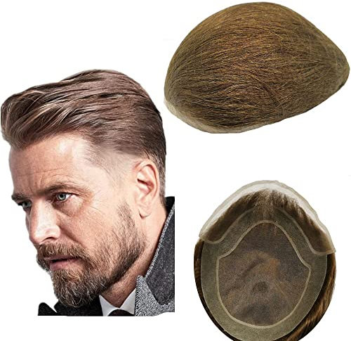 Echthaar Toupet für Männer,NLW Haarersatz dünne französische Spitze Männer Toupet Haarteile Echthaar Ersatz System gebleicht Knoten natürlichen Haaransatz Poly Haut Perücken (8 x10,#4 Medium Brown)