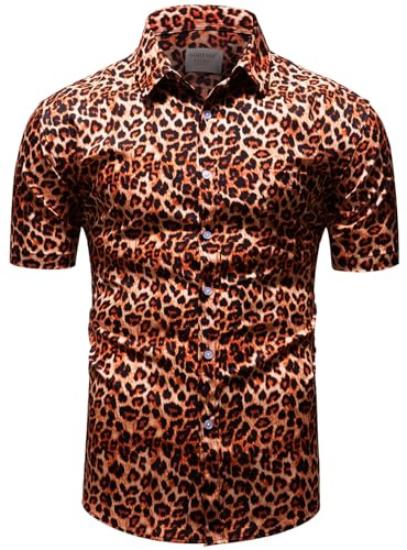 fohemr Hommes Léopard Chemise à Manches Courtes Button Down Tigre Motif Animal Chemise d'été décontractée