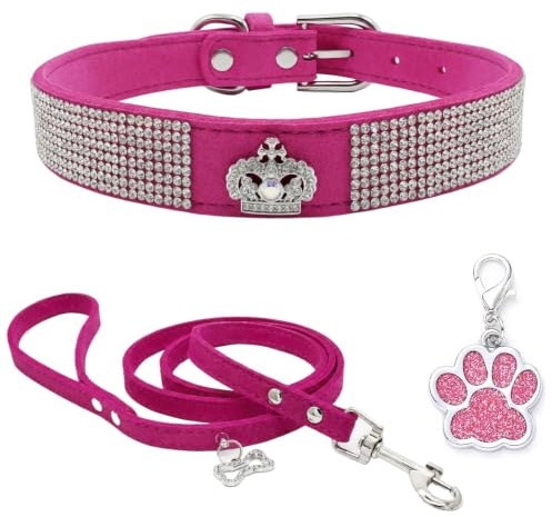 Collar Perro de Terciopelo Suave Perros Correa y Collar Lindo Lujo Diamantes tachonados Bling Ajustable Collar de Cachorro para Perros pequeños Gatos medianos Rosado XS