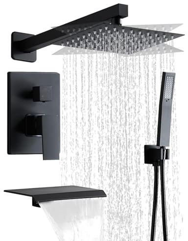RTTWYYUU Matte Black Shower Faucet Set with Tub Spout 10 Inch, Shower Head and Handle with 2 Hooks, Tub and Shower Faucet Combo, Rain Shower and Handheld Shower System Square Wall Mount for Bathroom