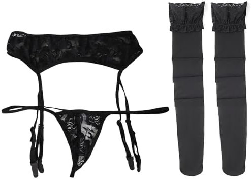 Damen Transparent Sexy Strumpfgürtel, 1 Satz à 3 Stück Strumpfgürtel für Damen + G-String + Strapsstrümpfe, Strumpfhalter Strapsen Slips Dessous Set, für Mädchenpaare, Schwarz