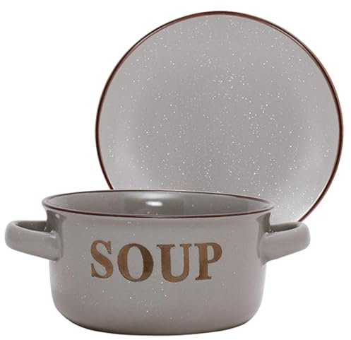 Soup Bowl & Bread Plate Crockery Set Dishwasher Safe Stoneware Dinner Set Rustic Style Plates & Soup Bowls with Handles and Embossed Text Design with Speckled Finish (Grey)