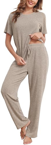 Wikoan Pyjamas Set for Women Ribbed Tracksuits Set Short Sleeve Tops and Wide Leg Pants 2 Piece Outfits Loungewear Sleepwear with Pockets Drawstring Khaki,XXL