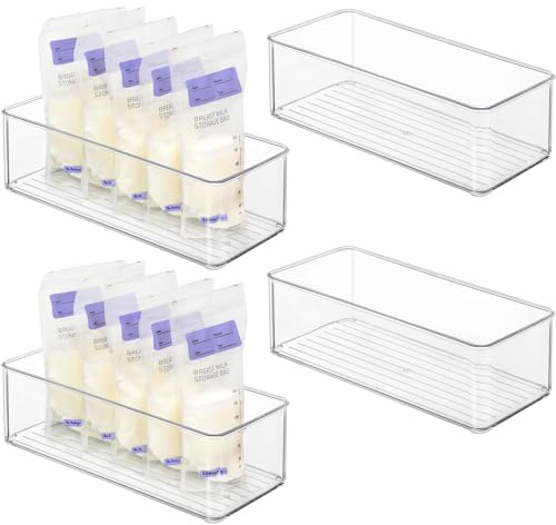 Hudgan 4 Pcs Storage Container Breastmilk for Fridge, Clear Organizer Bins for Milk Bags, Plastic Storage Bins for Freezer,Pantry, Bottles Bathroom, Vanity, Drawer and Yogurts,4.4 Wide