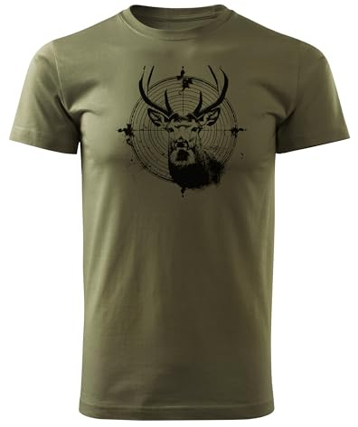 HUNT-G61 - T-Shirt für Jäger - Tshirt Herren - aus Baumwolle, Bequeme Passform - Jagd Geschenke, Geschenk für Jäger, Förster - Grün, mit Motiv Hirsch im Fadenkreuz - M