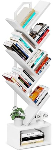 Coleshome Tree Bookshelf, 6-Tier Floor Standing Bookcase, Bookcases suitable for bedrooms and living rooms, Wooden bookshelves suitable for bedrooms and living rooms, White