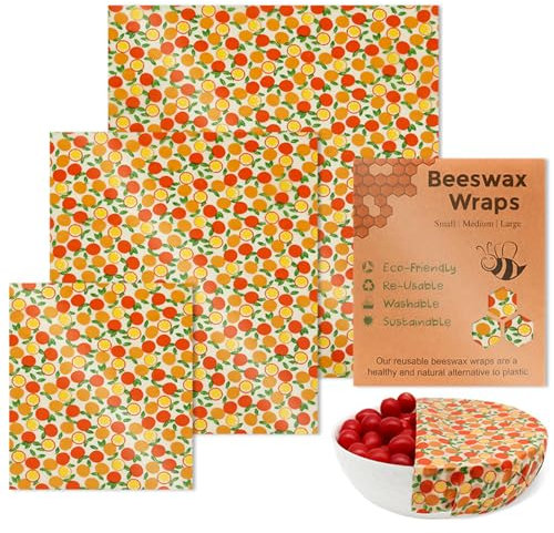 Conservación sostenible de alimentos con 3 envolturas de tela de cera de abeja naturales, lavables y reutilizables, suministros de cocina portátiles