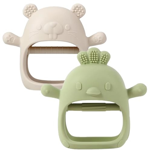 2 Pack Baby Teether Toy, BPA Free Silicone Mitten Glove Teether for Sucking Needs, Baby Teething Toys 0-3-6-12 Months, Hand Pacifier Chew Toys for Teething Pain Relief (Beige + Green)