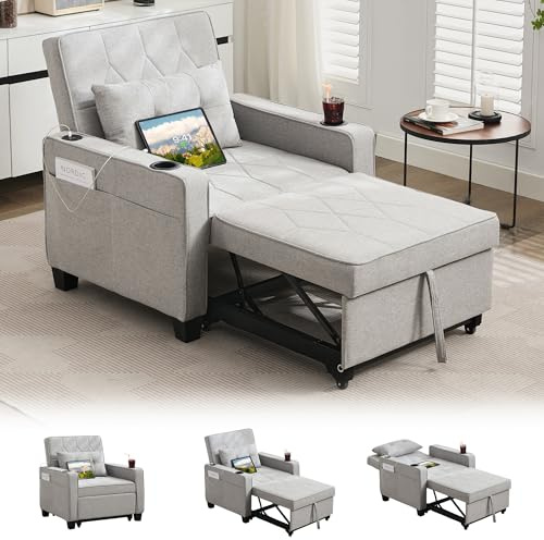 GRAVFORCE Schlafsessel 4 in 1 Schlafsofa mit 2 Ladeports und Becherhaltern, Klappbares Sessel mit Schlaffunktion Bettfunktion, Fernsehsessel Sofa Bed 1 Artikel 2 Verpackungen Hellgrau