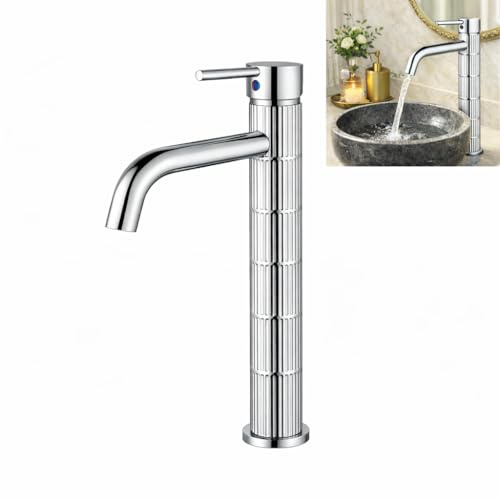 Grifo de lavabo alto monomando con cuerpo de latón, mezclador para lavabo sobre encimera, acabado cromado, cartucho cerámico duradero (Cromado, Alto)