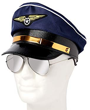 Alsino Kostüm Zubehör Set Pilotenmütze Blau Plus Pilotenbrille verspiegelt Kapitän Accessoire
