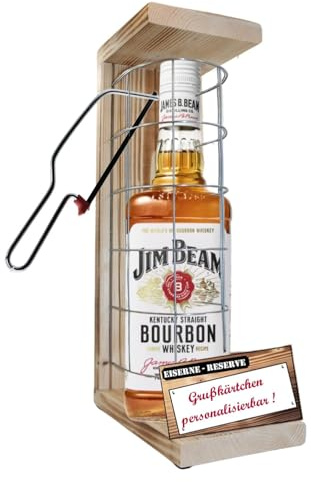 Personalisierte Geschenke für Männer Frauen Geschenkidee - Eiserne Reserve Gitter Text rot Jim Beam Whisky (1 x 0.70 l) incl. Notsäge - Papa Mama Geburtstag Hochzeit